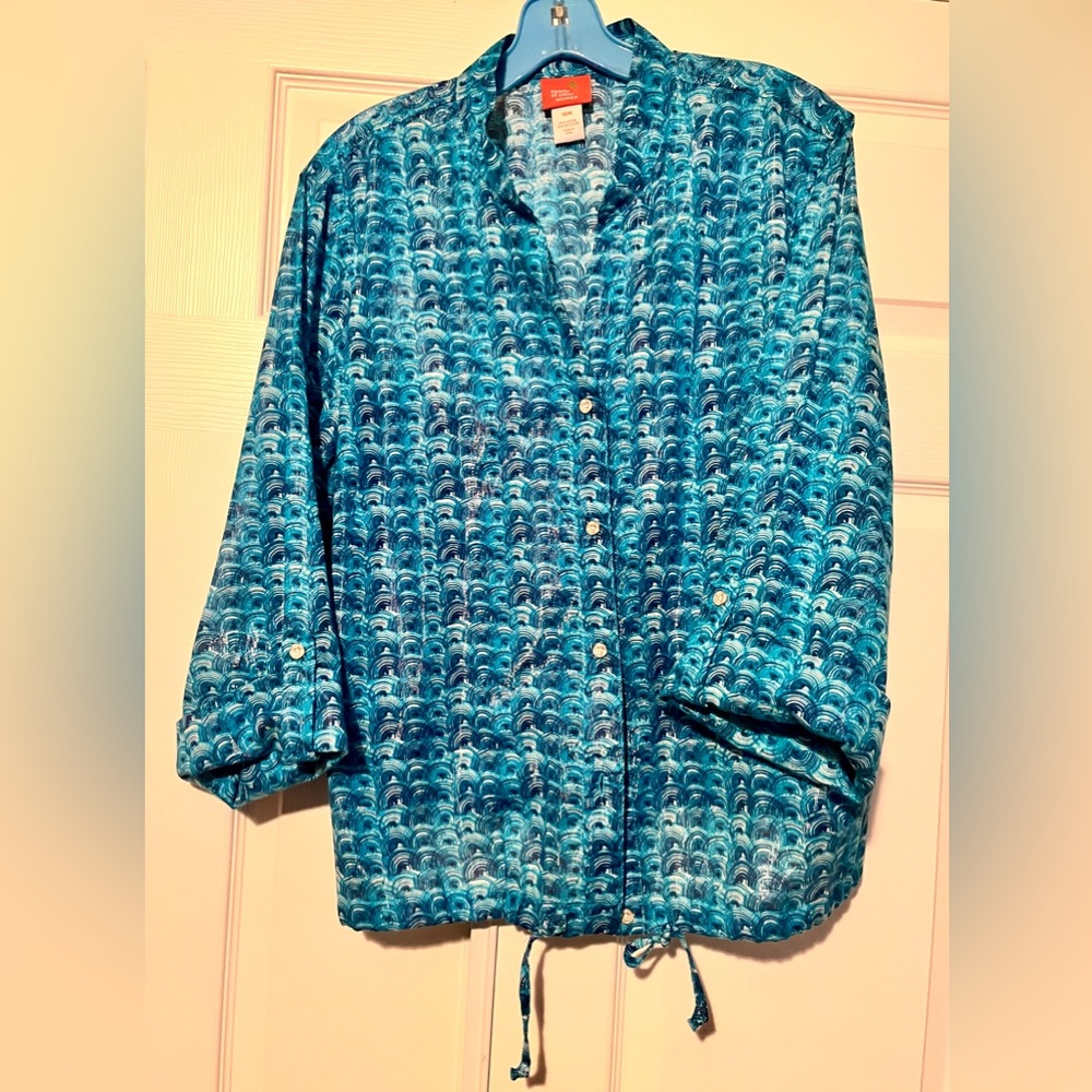 Hearts of Palm Blouse Womens Size 18W Turquoise Metallic Roll Tab Sleeve/Tie Wst